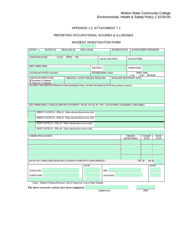 Motlow State Community College Incident Investigation Form screenshot