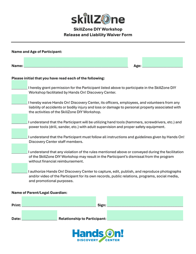 SkillZone DIY Workshop Release And Liability Waiver Form screenshot