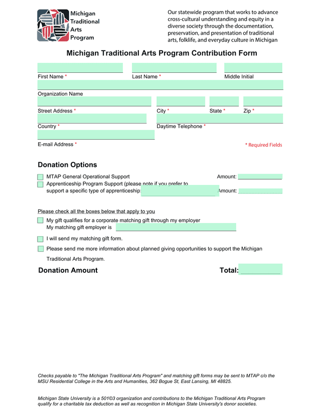 Michigan Traditional Arts Program Contribution Form screenshot