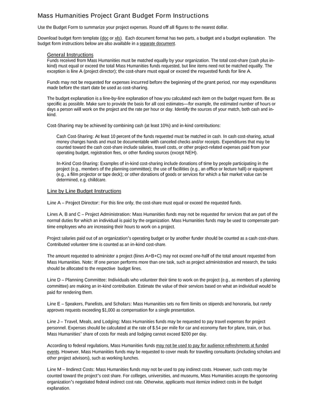Mass Humanities Project Grant Budget Form Instructions screenshot