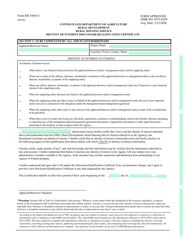 Form RD 3560 31 screenshot