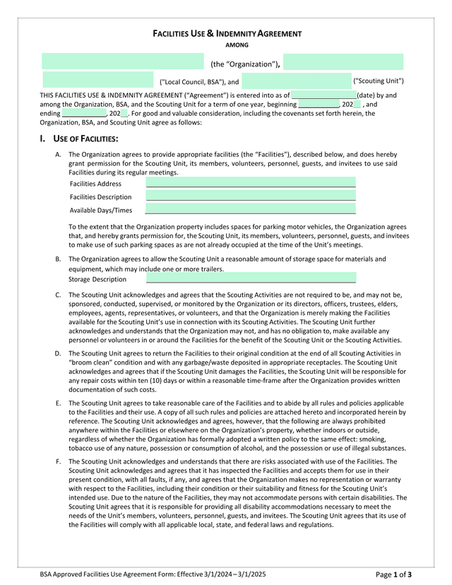BSA Approved Facilities Use Agreement Form screenshot