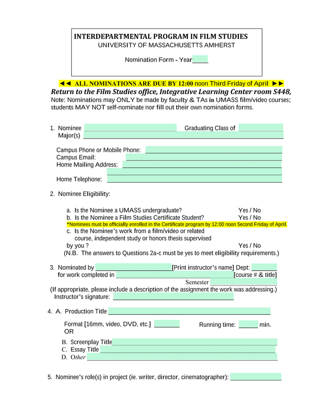 Interdepartmental Program In Film Studies Nomination Form screenshot