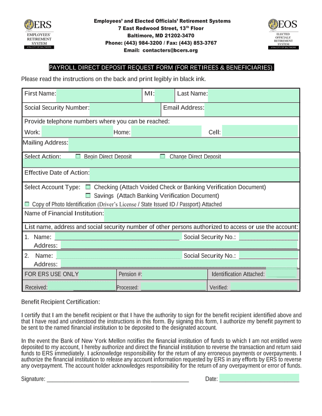 Payroll Direct Deposit Request Form (For Retirees  Beneficiaries) screenshot