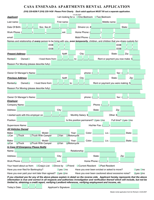 Casa Ensenada Apartments Rental Application screenshot