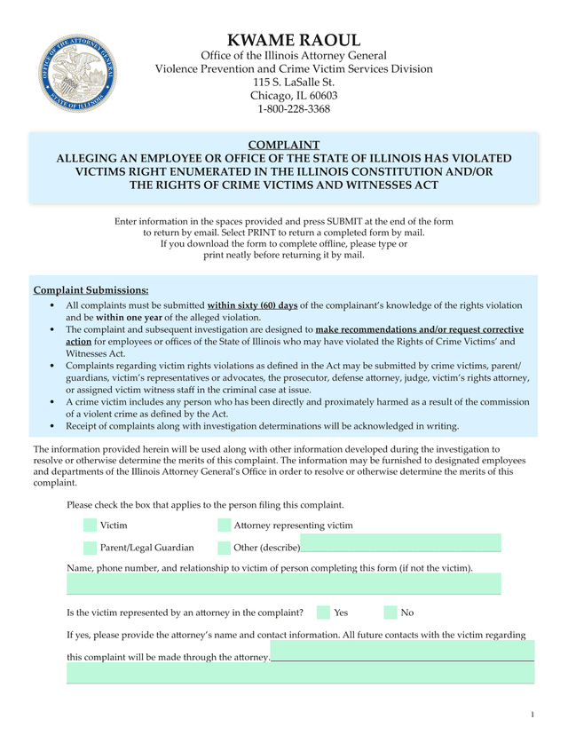 Illinois Crime Victims Rights Complaint Form screenshot