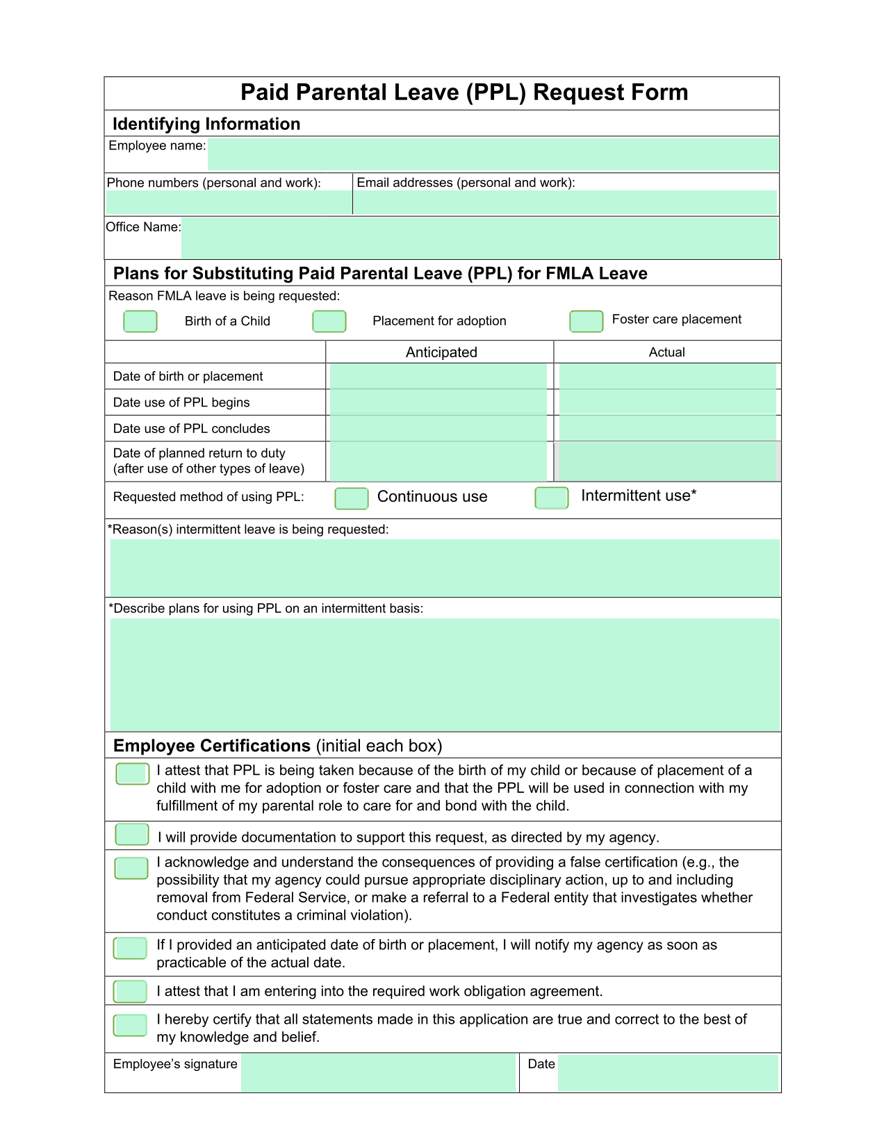 Paid Parental Leave (PPL) Request Form screenshot