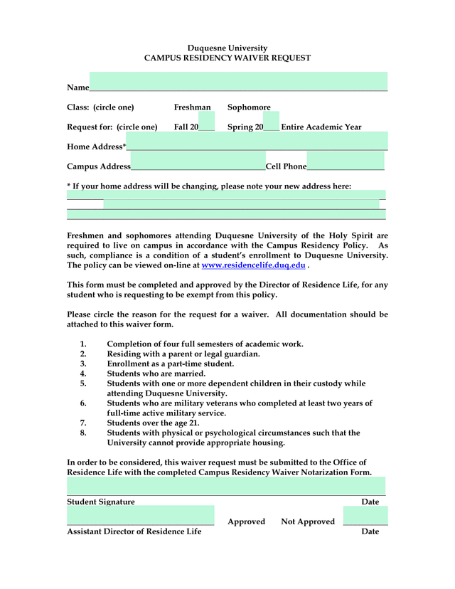 Duquesne University Campus Residency Waiver Request screenshot