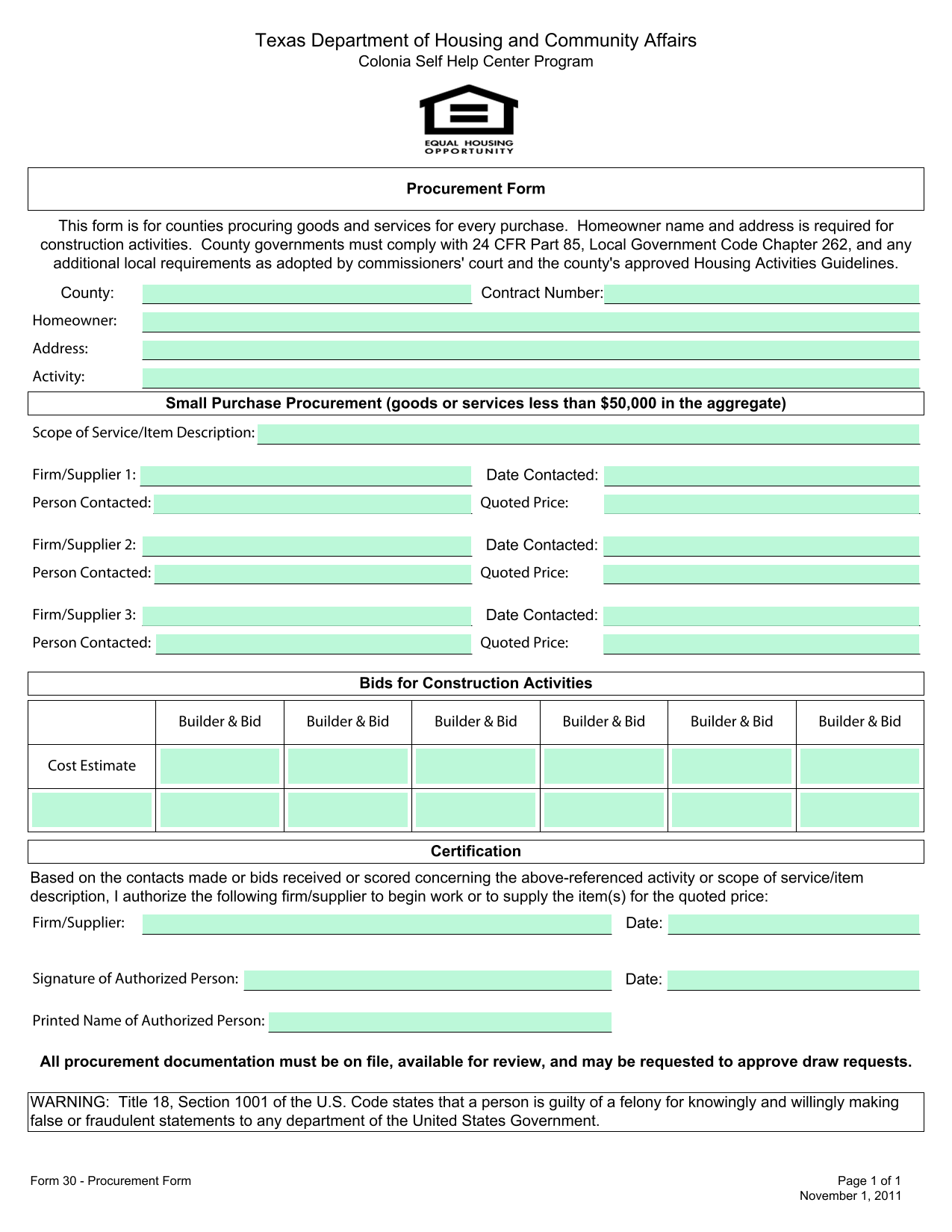 Colonia Self Help Center Program Procurement Form screenshot