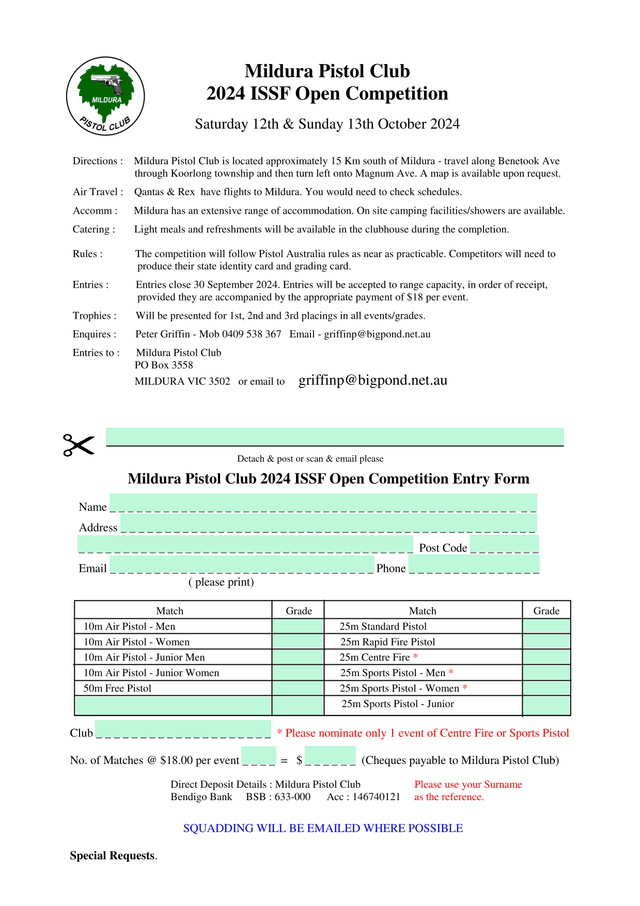 Mildura Pistol Club 2024 ISSF Open Competition Entry Form screenshot