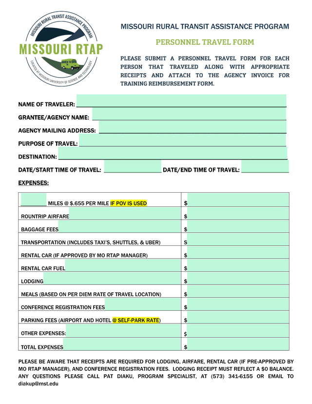 Missouri Rural Transit Assistance Program Personnel Travel Form screenshot