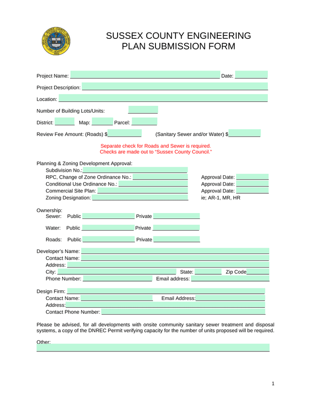 Sussex County Engineering Plan Submission Form screenshot
