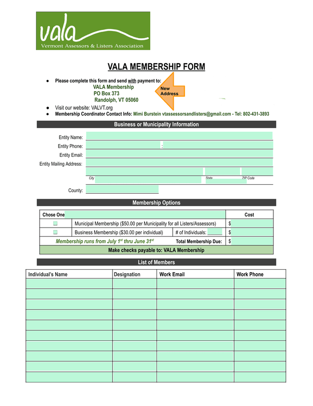VALA Membership Form screenshot