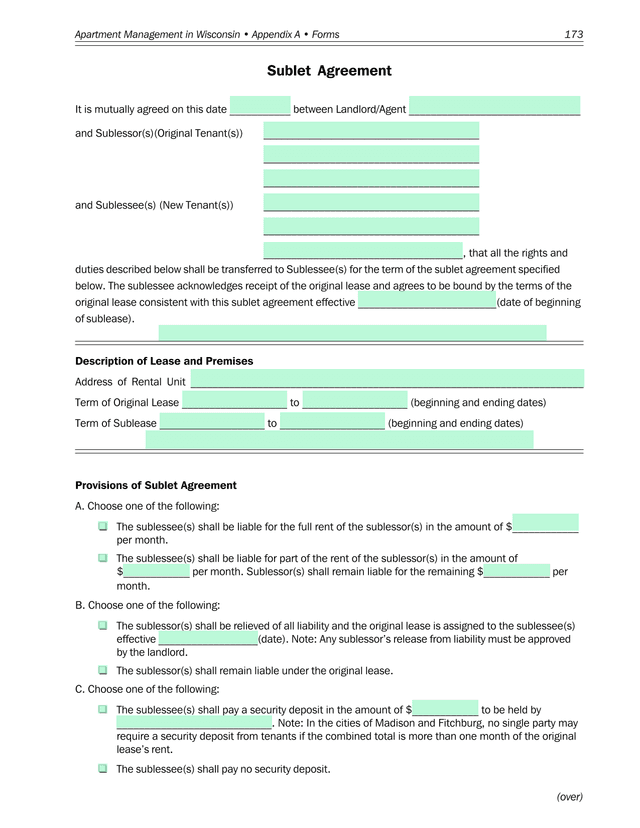 Sublet Agreement screenshot