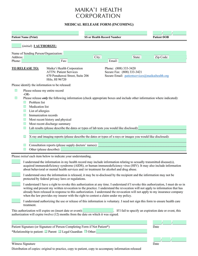 MEDICAL RELEASE FORM (INCOMING) screenshot