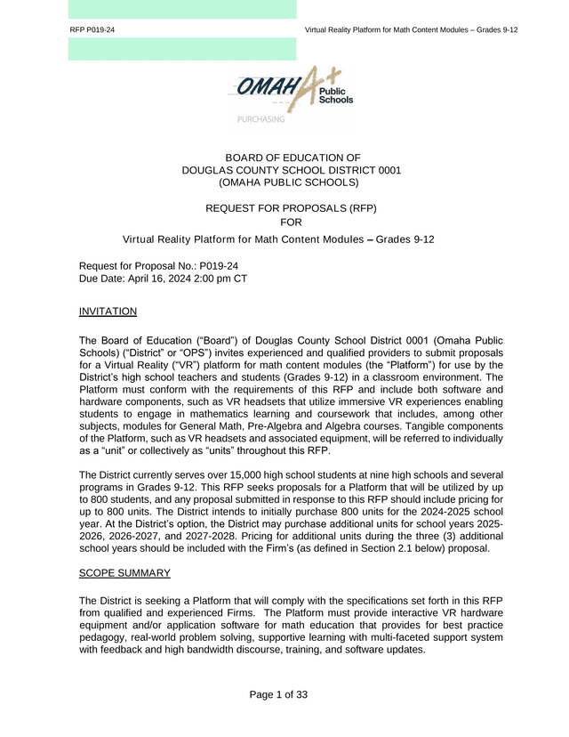 Request For Proposals (RFP) P019 24 Virtual Reality Platform For Math Content Modules  Grades 9 12 screenshot