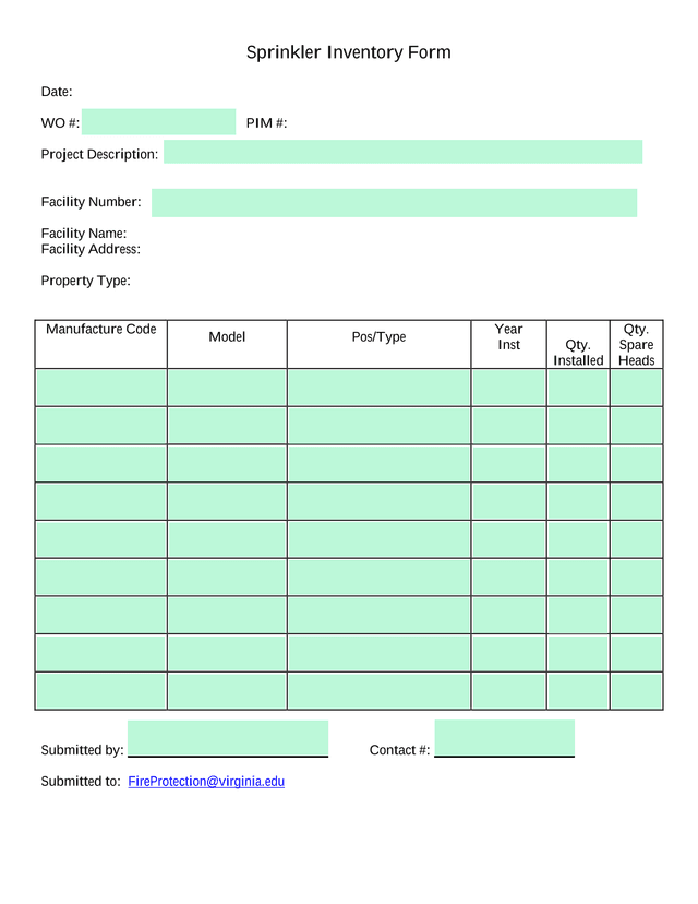 Sprinkler Inventory Form screenshot