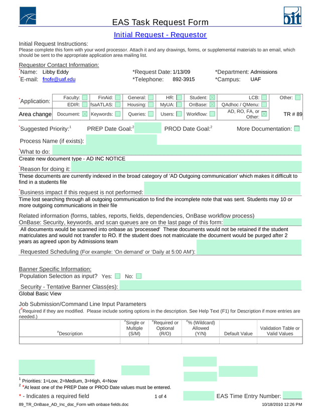 EAS Task Request Form screenshot