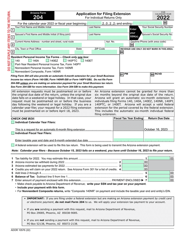 Arizona Form 204 screenshot