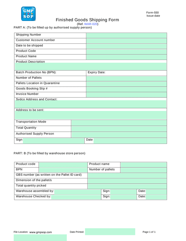 Form 550 Finished Goods Shipping Form screenshot