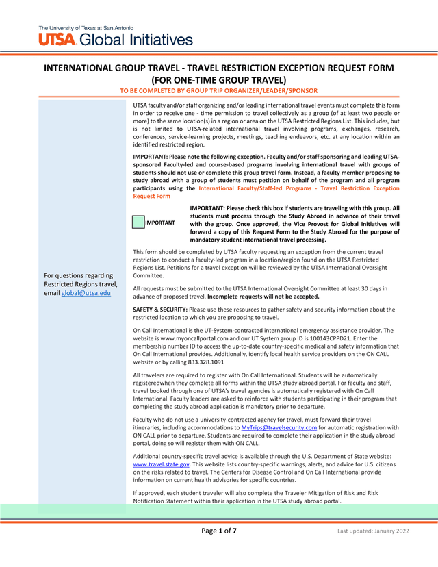 International Group Travel   Travel Restriction Exception Request Form screenshot