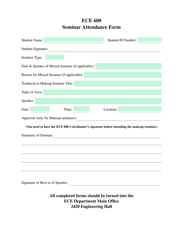 ECE 600 Seminar Attendance Form screenshot
