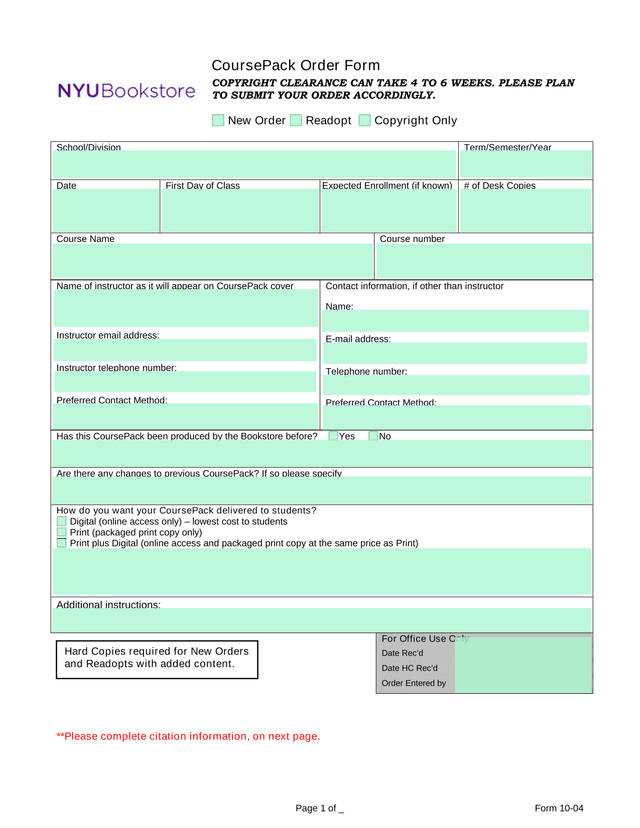 Form 10 04 CoursePack Order Form screenshot