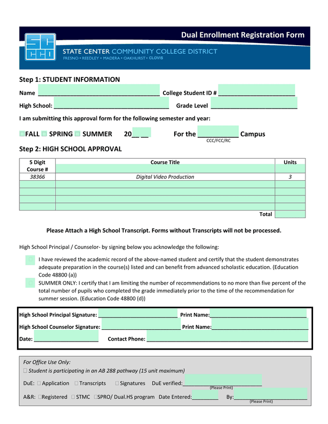 Dual Enrollment Registration Form screenshot