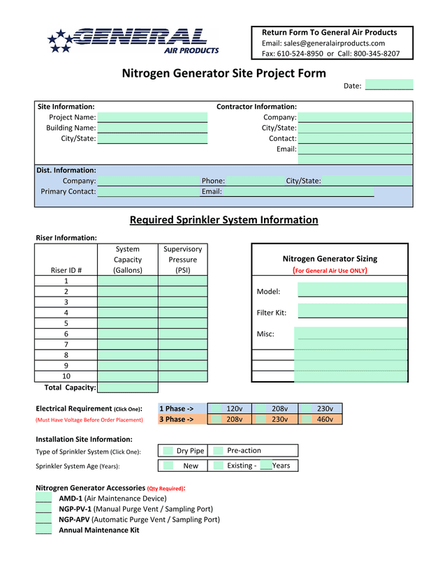 Nitrogen Generator Site Project Form screenshot