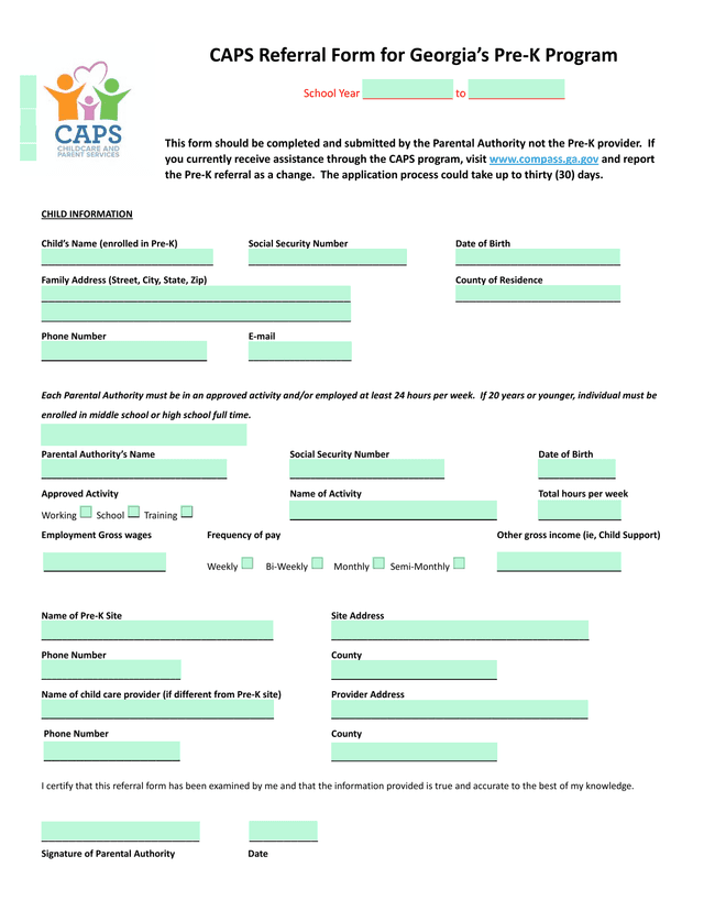 CAPS Referral Form For GeorgiaS Pre K Program screenshot