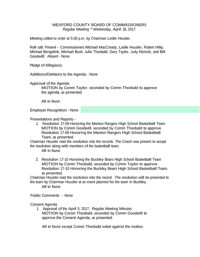 Wexford County Board Of Commissioners Regular Meeting Minutes screenshot