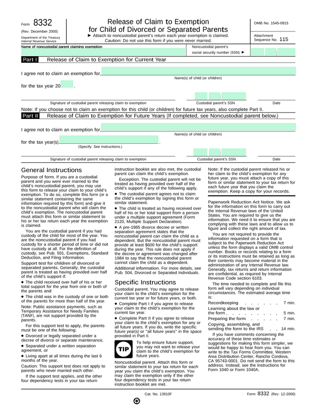 Form 8332 Release Of Claim To Exemption For Child Of Divorced Or Separated Parents screenshot