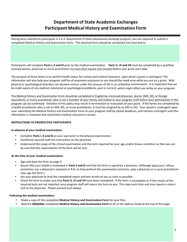 Department Of State Academic Exchanges Participant Medical History And Examination Form screenshot