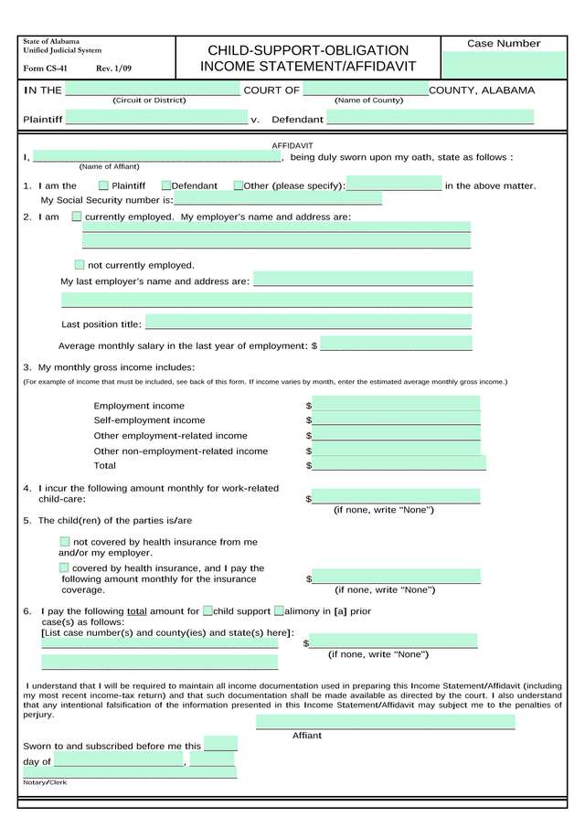 Child Support Obligation Income StatementAffidavit screenshot