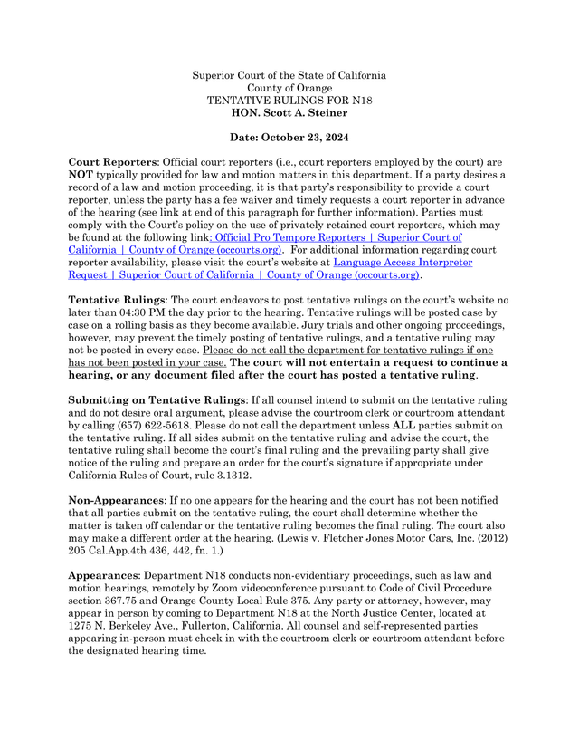 Superior Court Of The State Of California   Tentative Rulings For N18 screenshot
