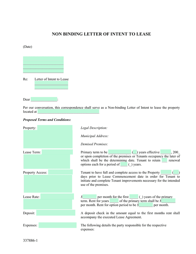 Non Binding Letter Of Intent To Lease screenshot