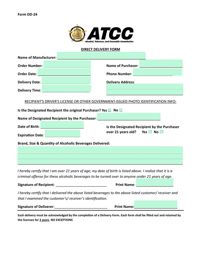 Form DD 24 DIRECT DELIVERY FORM screenshot