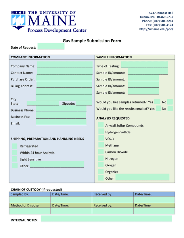 Gas Sample Submission Form screenshot