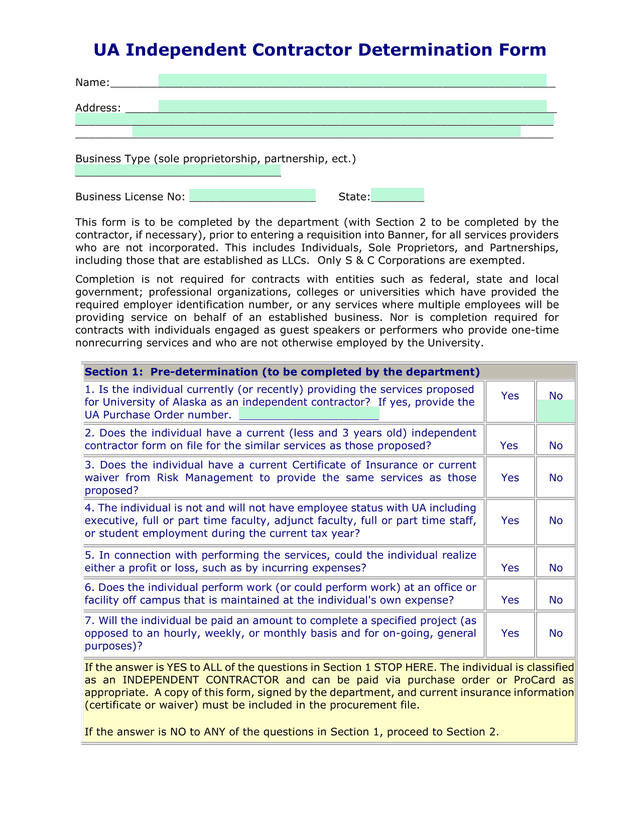 UA Independent Contractor Determination Form screenshot