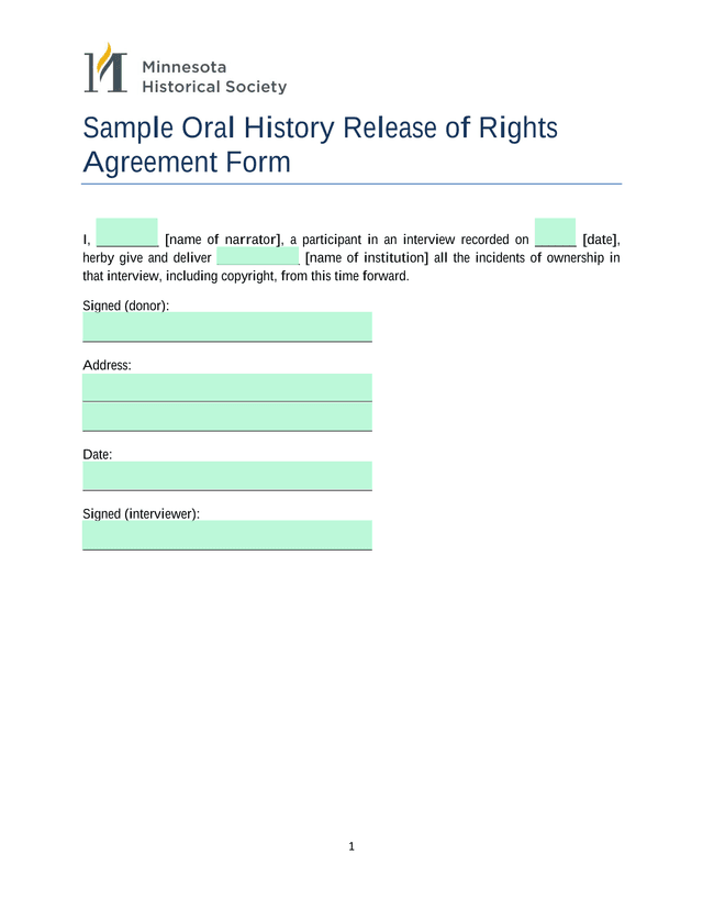 Sample Oral History Release Of Rights Agreement Form screenshot