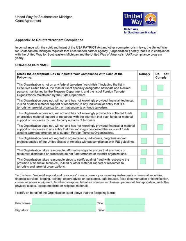 United Way For Southeastern Michigan Grant Agreement   Appendix A Counterterrorism Compliance screenshot