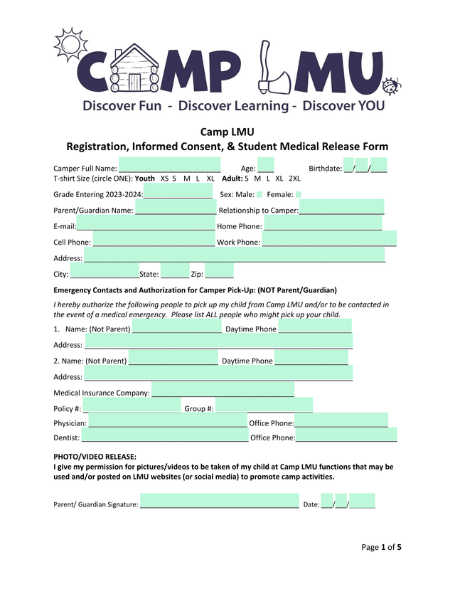 Camp LMU Registration, Informed Consent,  Student Medical Release Form screenshot
