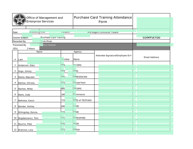Purchase Card Training Attendance Form screenshot