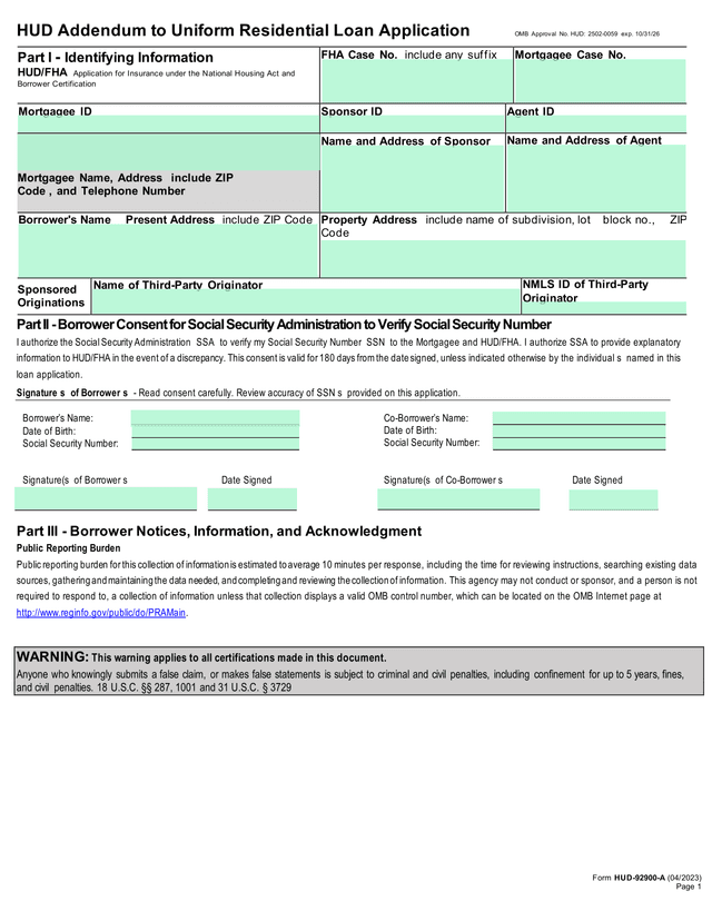 HUD Addendum To Uniform Residential Loan Application (FHA) screenshot