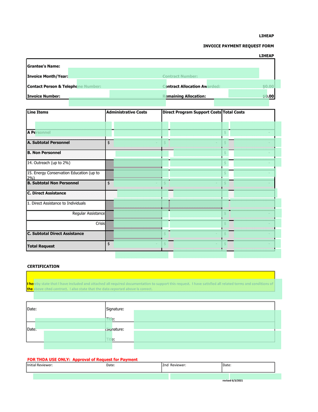 LIHEAP INVOICE PAYMENT REQUEST FORM screenshot