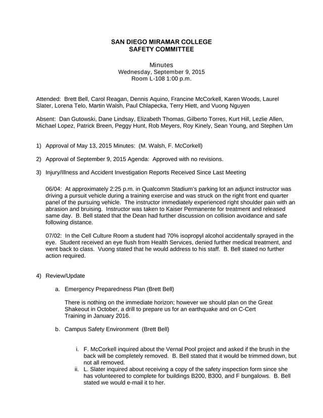 San Diego Miramar College Safety Committee Minutes screenshot