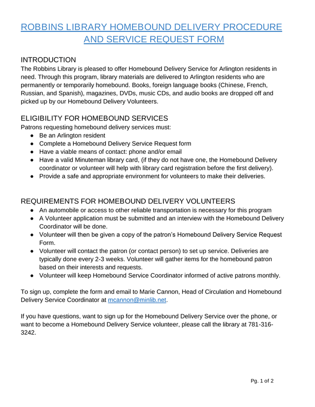 Robbins Library Homebound Delivery Procedure And Service Request Form screenshot