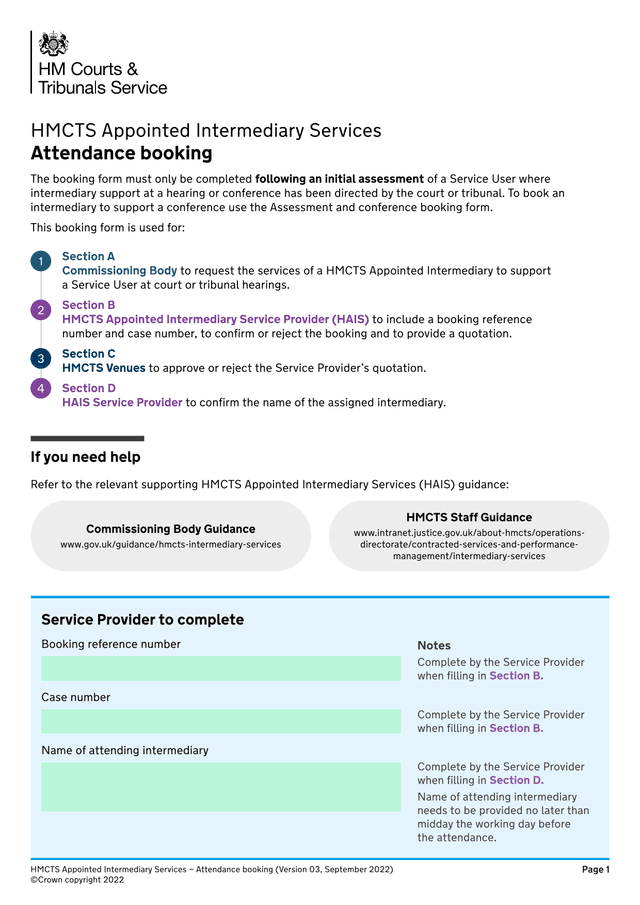HMCTS Appointed Intermediary Services  Attendance Booking screenshot