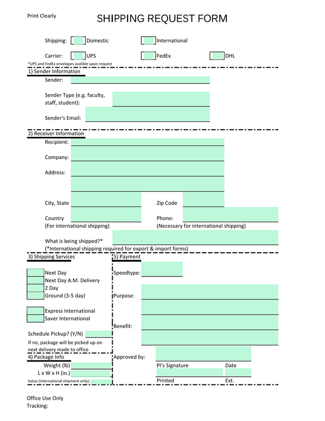 SHIPPING REQUEST FORM screenshot