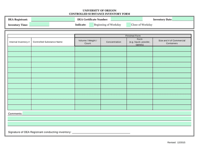 University Of Oregon Controlled Substance Inventory Form screenshot